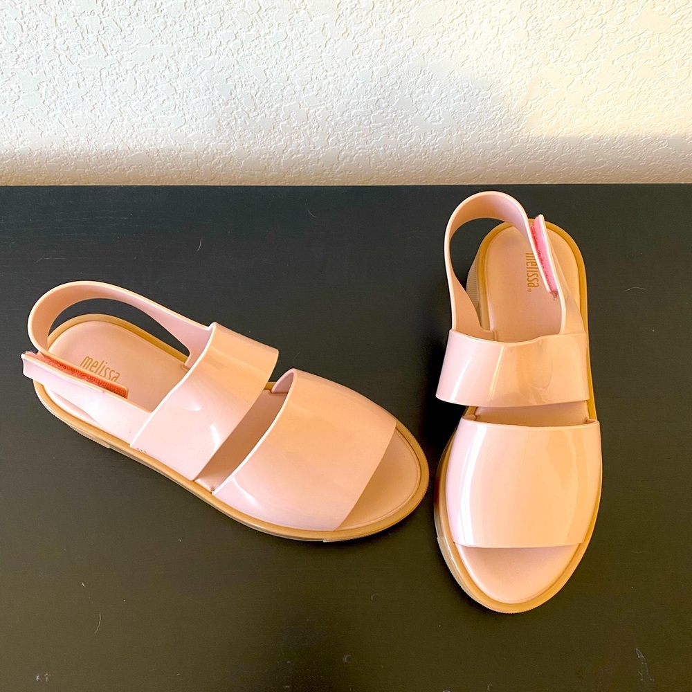Melissa Flatforms in Blush size 9 w/Velcro strap. Rubber materials